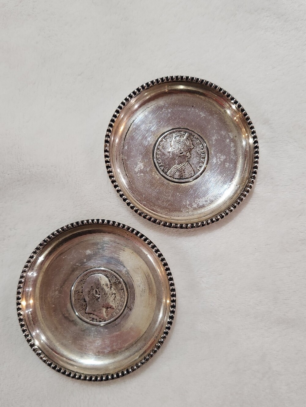 Pair Indian Silver Dishes with 1888 & 1906 One Rupee Coins